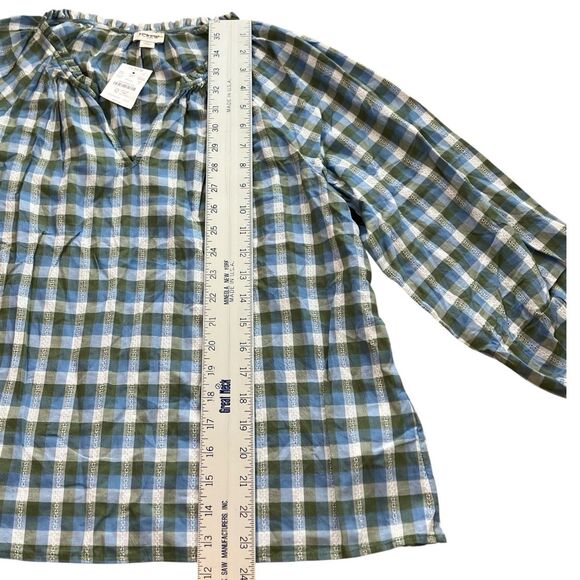 J Crew Blouse Womens M Green Tilly Plaid Artist Top Blue Ruffle Neck Boho Fall - Picture 3 of 9